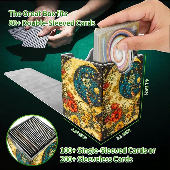 Deck Box for MTG, Cards Storage Box Fits 120+ Sleeved, Leather Medium Size Strong Magnetic Closing Card Case for Board Games Magic TCG CCG Baseball Collection, Flower Big Moon