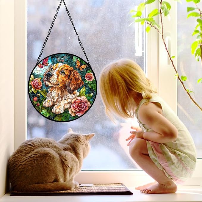 DASTOLL Stained Glass Window Hanging, Dog and Rose Suncatcher for Doors Home Butterfly Sun Catchers Decoration and Christmas, Mother's Day Birthday Gifts for Women, Men, and Mom 11.8x11.8 in