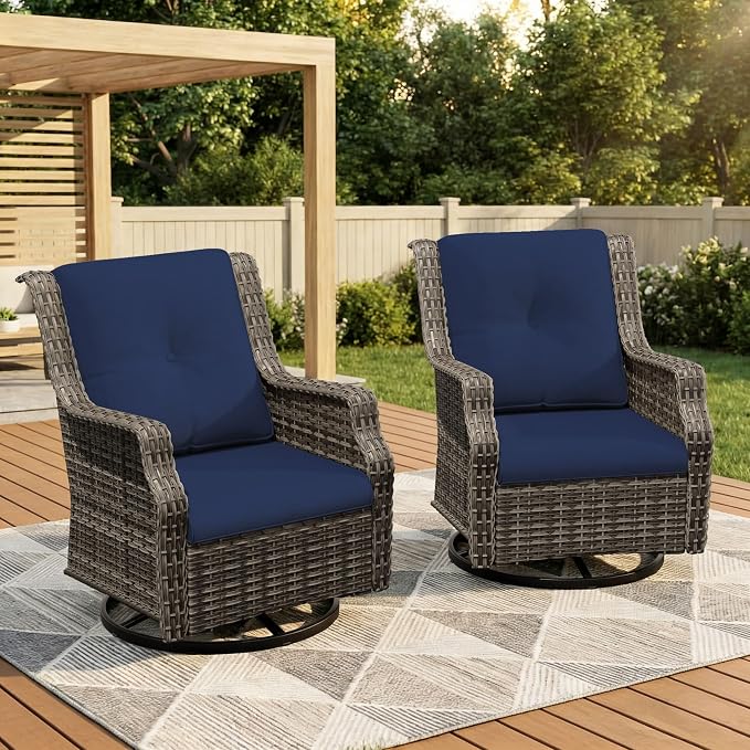 Outdoor Wicker Chairs Set of 2, Patio Swivel Rattan Chair with Wide Armrest and Thick Cushions, Ideal for Backyard, Garden, Poolside, Blue