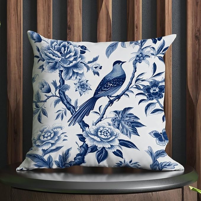 Blue Indigo Floral Chinoiserie Outdoor Throw Pillow Covers Asian Navy Lotus Bird Waterproof Throw Pillowcase 20x20 in Modern Accent Cushion Cover for Patio Furniture Garden