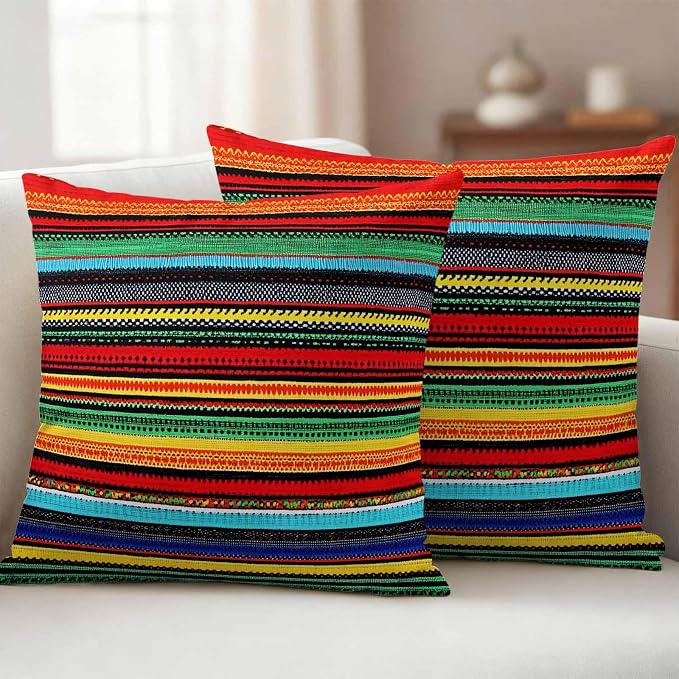 Colorful Stripes Outdoor Waterproof Throw Pillow Covers Set of 2, 18"x18", Mexican Aztec Abstract Ethnic Decorative Pillow Covers Outside Cushion Case for Patio Porch Garden