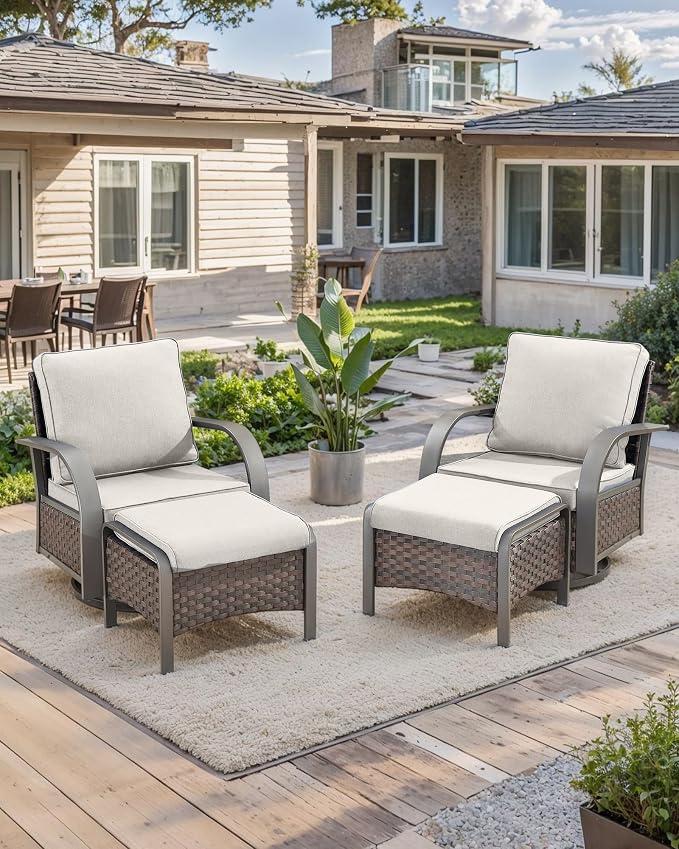HUMMUH Swivel Rocker Outdoor Chair-High Back Patio Chairs with Ottoman Outdoor Conversation Furniture Sets for Deck Porch Garden Poolside Backyard-Brown/Beige