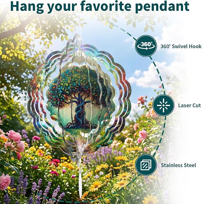 Tree of Life Wind Spinners Outdoor, 12 Inch Laser Cut Stainless Steel Wind Spinner, 3D Kinetic Metal Hanging Sculpture, Yard Art, Garden Decoration, Tree of Life Gifts for Women, Men, Holidays