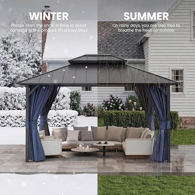 UDPATIO 12'x14' Hardtop Gazebo, Permanent Patio Pavilion with Breathable Netting and Privacy Curtain for Dining Party, Navy Blue