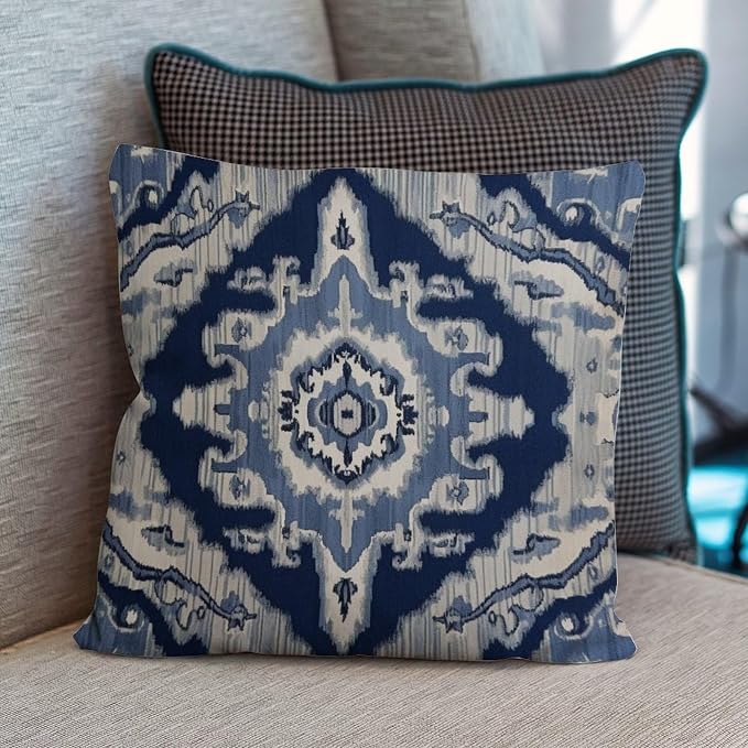 Throw Pillow Covers Blue Grey Medallion Ikat Pillowcase Retro Solid Navy White Pillow Cover Accent Square Couch Sofa Cushion Covers for Patio Garden Couch Tent 20x20 in