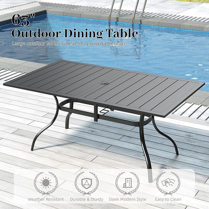 7pcs Patio Furniture Set, Outdoor Dining Table and Chairs Set | 63" Rectangle Metal Patio Table, Textilene Dining Chairs, Double-sized Umbrella Hole, Perfect for Garden Backyard Poolside