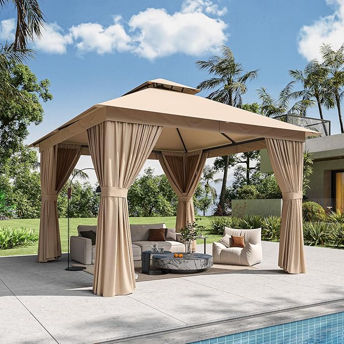 10'x10' Gazebo, Outdoor Gazebo Metal Frame Canopy with Double Roofs, Heavy Duty Patio Tent Shelter with Mosquito Netting and Privacy Screen for Backyard, Beige