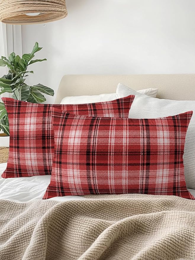 Waterproof Outdoor Pillow Set of 2 Red Checked Plaid Decorative Throw Pillows Cover & Insert 20x12 Inch Lumbar Pillowcase Stripes Woven Grid Pillows for Couch Sofa Bed Patio Furniture Indoor Outdoor