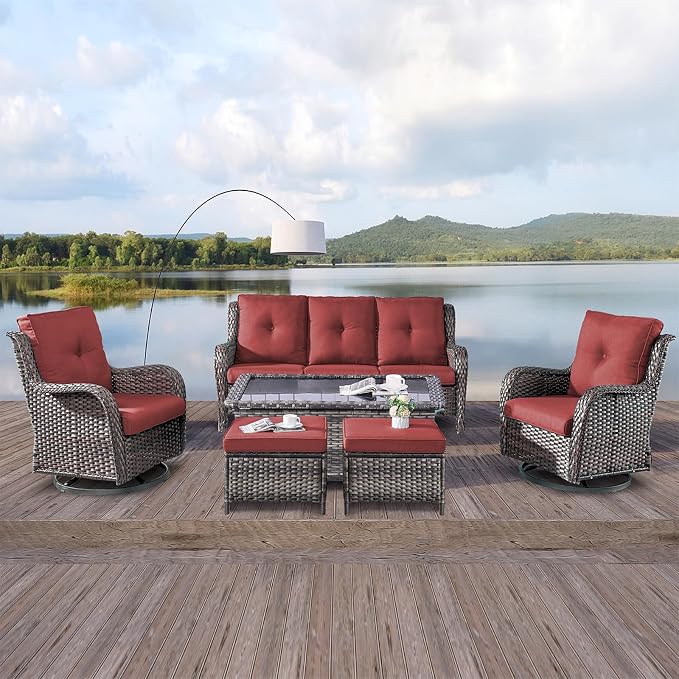 Rilyson Wicker Patio Furniture Set - 6 Piece Rattan Outdoor Sectional Conversation Sets with 2 Rocking Chair,2 Ottoman,1 Sofa and 1 Coffee Table for Porch Deck Garden(Mixed Grey/Red)