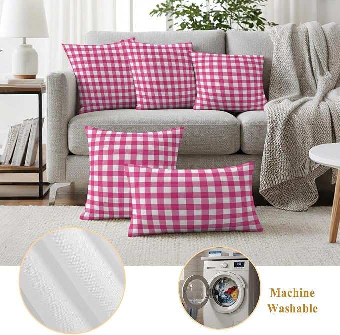 Hot Pink Checks Outdoor Pillow Covers 26"x26" Set of 2, Gingham Plaid Abstract Modern Minimalist Waterproof Throw Pillow Covers for Patio Furniture, Decorative Cushion Covers for Porch