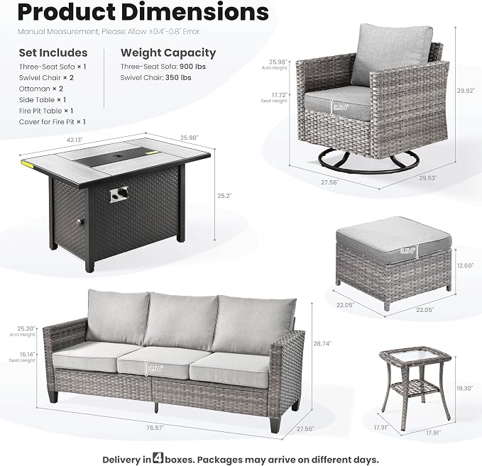 ovios 7 Pieces Patio Furniture Set with 42" Fire Pit Table, Outdoor Wicker Sofa with Swivel Chairs, All Weather High Back Rattan Couch Conversation Set, Dark Grey