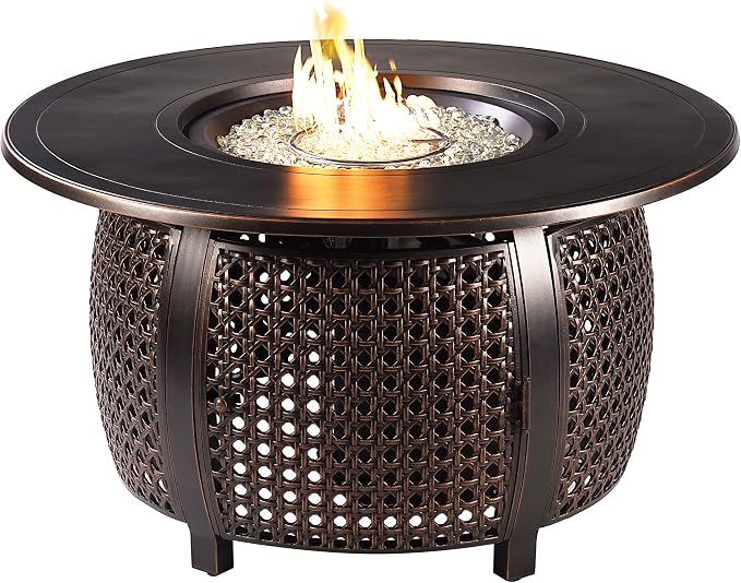 Oakland Living Black Aluminum Patio Fire Table Set with Four Club Chairs with Light Grey Cushions