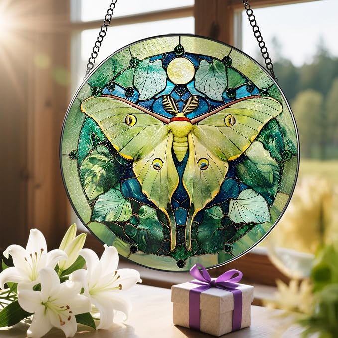 Luna Moth Sun Catcher, 8 Inch Stained Glass Suncatcher, Stained Glass Window Hanging, Luna Moth Indoor Decor, Idea Gift, Gift Exchange