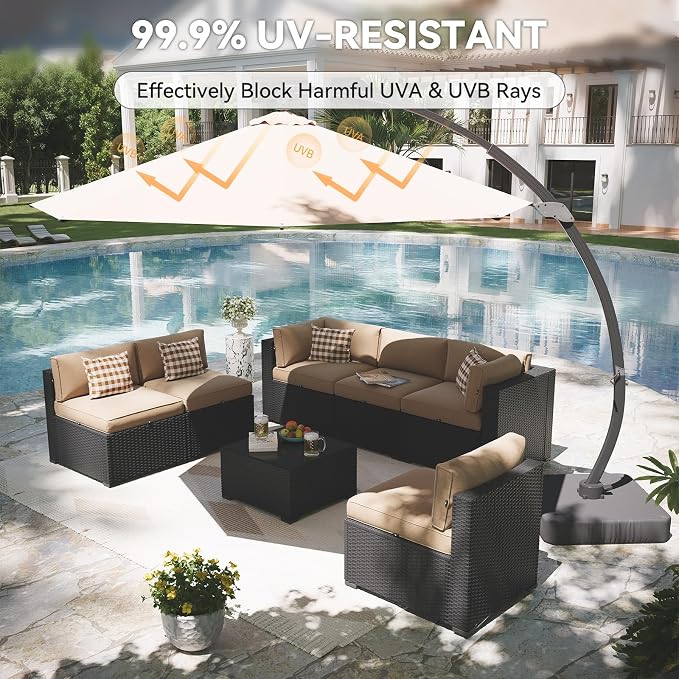 Aoxun Patio Furniture Set with Umbrella, 8 Piece Outdoor Sectional Sofas, Wicker Rattan Outdoor Furniture with Thickened Cushion for Backyard, Garden Beige