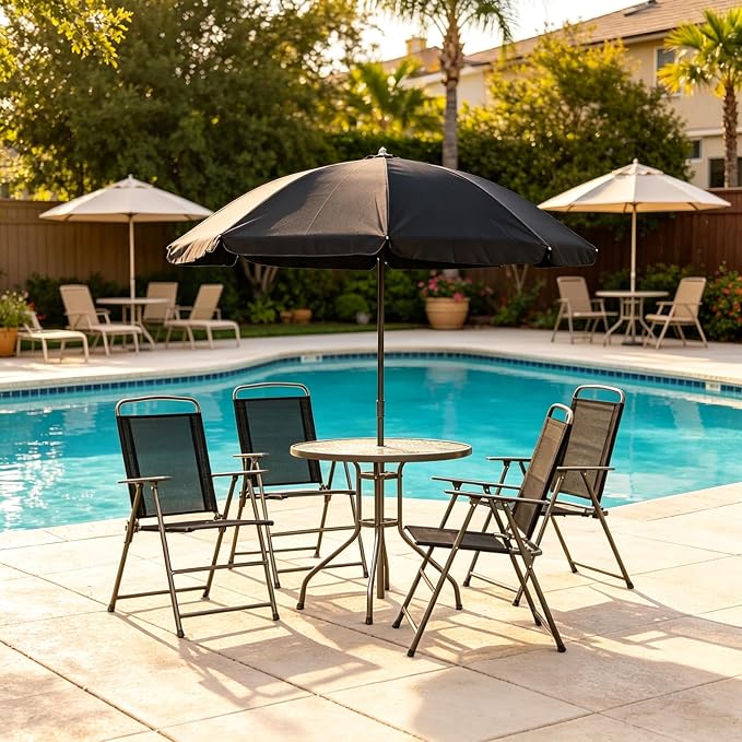 6-Piece Outdoor Dining Set with Umbrella, 4-Person Patio Furniture Set, Folding Chairs & Tempered Glass Table, 31.5" Dia. Table
