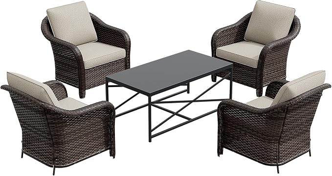5 Pieces Outdoor Patio Conversation Furniture Set with Removable Covers, All-Weather PE Rattan, 4 Steel Frame Wicker Chairs with Cushions, 47" Metal Coffee Table for Yard (Beige)