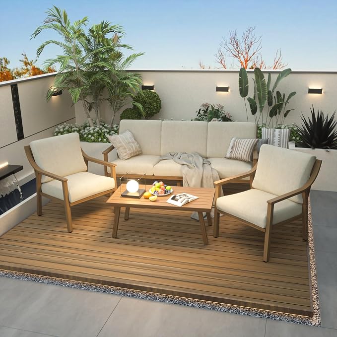 HAPPATIO 4-Piece Outdoor Patio Furniture Set for 5, Aluminum Outdoor Conversation Set Includes 1 Three-Seater Sofa, 2 Armchairs, and 1 Coffee Table, Perfect for Porch, Deck, Garden, (Beige)