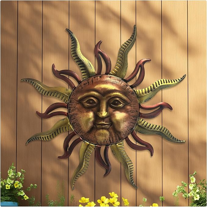 LIFFY 30" Large Sun Wall Decor - Metal Sun Face Wall Sculpture, 3D Hand-Painted Outdoor Wall Art Hanging for Patio Garden Yard, Housewarming Gift, Easy Hanging