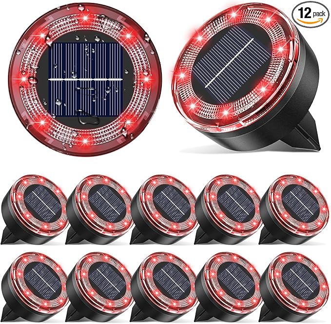vighep Mini Solar Ground Lights, 12 Pack Solar Lights Outdoor Waterproof, Upgraded LED Flat Landscape Lighting for Outside Pathway Garden Patio Yard Driveway,Red