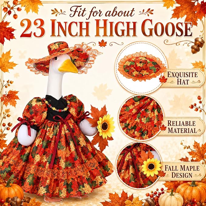 Suzile Fall Maple Porch Goose Outfit Goose Clothes for 23 Inch Cement or Plastic Geese Costume Dress for Yard Lawn Outdoor Garden Patio Duck Statue Autumn Thanksgiving Party Holiday Decor