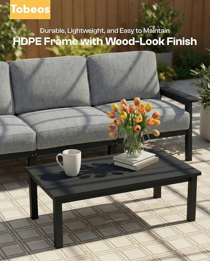 2 Piece HDPE Outdoor Furniture Set with Gray Cushions (Black Frame) | All-Weather HDPE, Modular Design, Extra-Deep Seating, Thick Cushions, Ideal for Backyard, Deck & Porch
