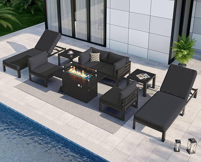 NICESOUL 9 Piece Luxury Aluminum Outdoor Sectional Sofa with Lounge & Fire Pit Table, Large Modular Patio Furniture Set, 29" Deep Wide Seating, 500 lbs Heavy Duty Conversation Set for Deck, Dark Gray