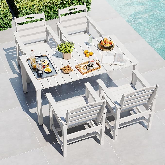 Domi HDPE Outdoor Dining Set, All-Weather 5 Piece Outdoor Dining Table Set with 2" Umbrella Hole, Outdoor Patio Dining Set for Garden, Poolside, Backyard, Deck, White