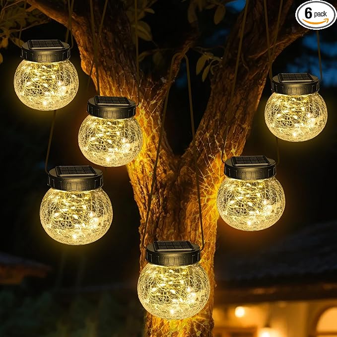 Kolpop Solar Lanterns Outdoor Waterproof 6 Pack, Hanging Solar Lights with 30 LED, Cracked Glass Hanging Globes for Garden Patio Fence Yard Christmas Tree Decoration,Warm White