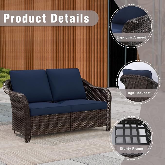 6 Piece Patio Wicker Conversation Set, All-Weather Use Outdoor Wicker Loveseat with 2 PE Rattan Ottomans,2 Swivel Chair, 1 Side Table, Ideal for Porch, Backyard, Balcony, Poolside, Blue