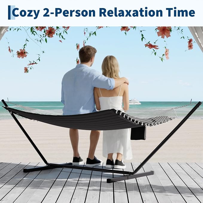 Garvee 2 Person Outdoor Hammock with Stand, Cotton Rope Hammock with Polyester Pad, Arc-Shaped Adjustable Steel Frame, 2-in-1 Hammock for Patio, Backyard, Garden, Beach (Dark Gray)