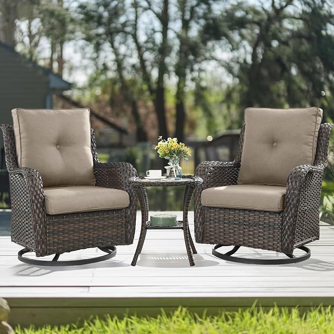 HUMMUH 5 Piece Outdoor Patio Furniture Set Wicker Conversation Bistro Set Swivel Rocking Chairs with Side Table and Ottomans for Backyard, Porch, Balcony