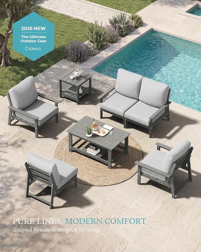 Ciokea Modular Patio Furniture Set with Thicked Cushions, 7Pcs All-Weather Outdoor Conversation Set with Coffee Table & Side Table, Modern Sectional Sofa Set for Deck (Grey Frame/Grey Cushions)