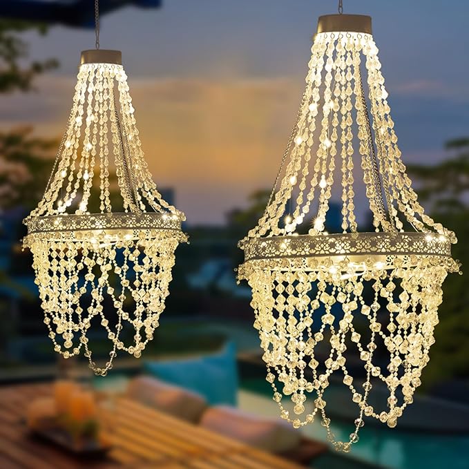 Solar Hanging Crystal Chandelier Outdoor Decorative Garden Light | Acrylic crystals with 54 warm LEDs powerful solar battery for elegant, waterproof garden gazebo, party, wedding, tree decor