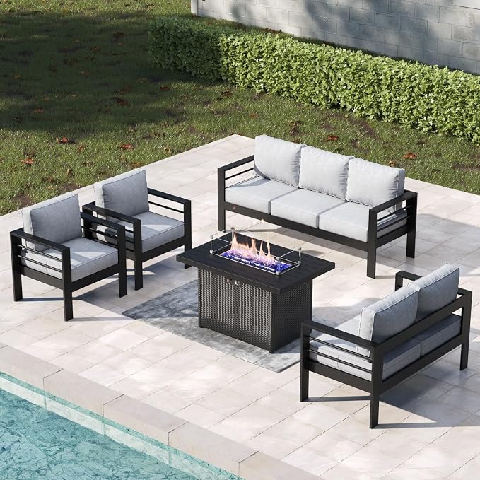 5 Pieces Aluminum Outdoor Patio Furniture Set with Fire Pit Table, Modern Metal Conversation Sofa Set with Deep Seating