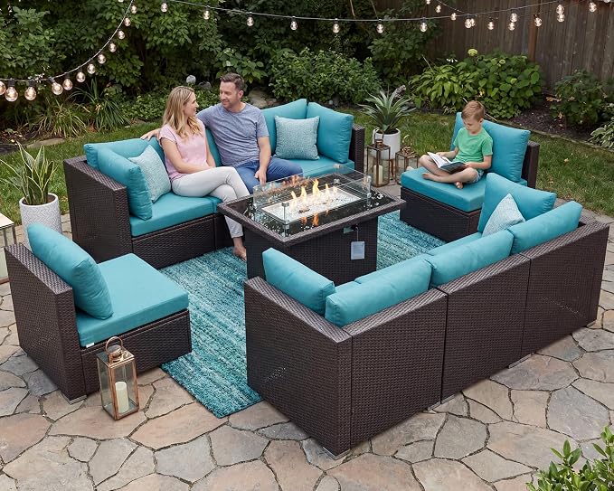 NICESOUL 9 Piece Large Outdoor Patio Furniture Set with Fire Pit Propane/Natural Gas, 29.3'' High Back Comfy Rattan Modular Sectional for 8, Deep Seat Conversation Sets, Brown Rattan and Teal Cushion