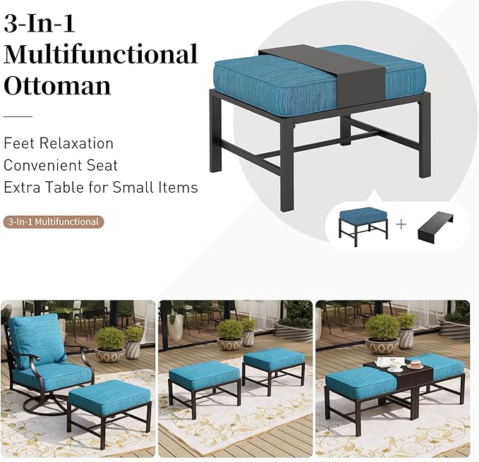 SUNSHINE VALLEY 7 Piece Metal Outdoor Patio Furniture Set, Patio Conversation Sets 3-seater Sofa, 4 Fixed Chair, 2 Ottomans with 5.75" Thick Cushion, Black All-weather Frame Backyard Furniture, Blue-2