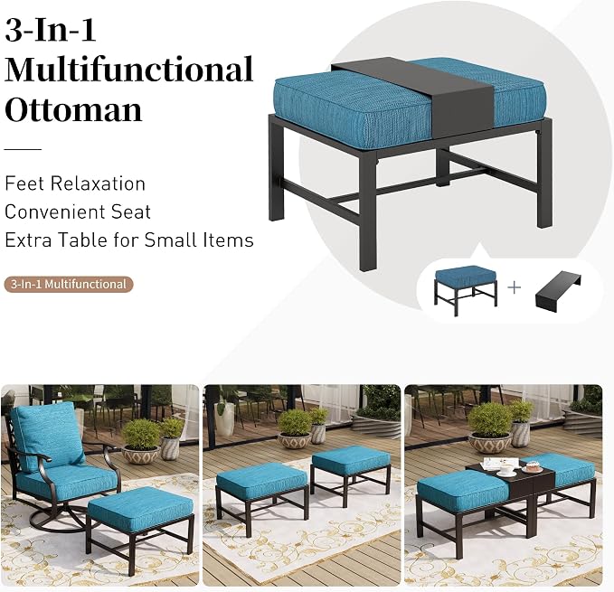 SUNSHINE VALLEY 5 Piece Metal Outdoor Patio Furniture Set, Patio Conversation Sets 3-seater Sofa, 2 Fixed Chair, 2 Ottomans with 5.75" Thick Cushion, Black All-weather Frame Backyard Furniture, Blue-2