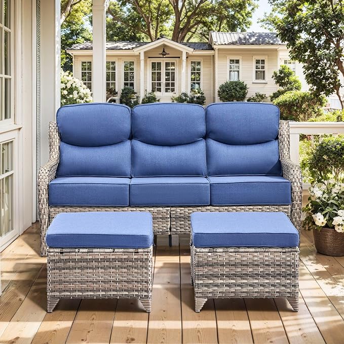 HUMMUH 7 Pieces Wicker Patio Furniture Set with Patio Swivel Chairs Set of 4,High Back Outdoor Sofa Ottomans,6 Inch Thick Cushions Outdoor Conversation Set for Porch, Balcony, Deck