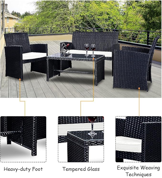 HAPPYGRILL 4pcs Patio Furniture Set Rattan Wicker Conversation Set Outdoor Sofa Wicker Table & Chair Set with Cushions for Garden Lawn Pool Backyard