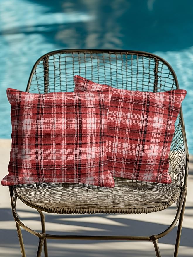 Waterproof Outdoor Pillow Set of 2 Red Checked Plaid Decorative Throw Pillows Cover & Insert 18x18 Inch Pillowcase Stripes Woven Grid Square Pillows for Couch Sofa Bed Patio Furniture Indoor Outdoor