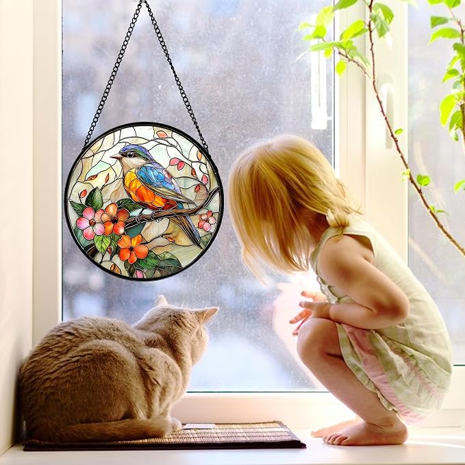 DASTOLL Stained Glass Window Hanging, Blue Bird Pink Flower Suncatcher Diamond Glass Panel Bird Sun Catchers Decor for Birthday for Women, Men, Wife, Aunt, and Mom 6.3 in