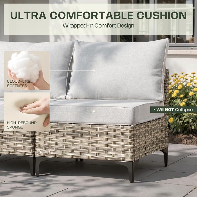 5 Piece Outdoor Sectional Patio Furniture Set with Solar Lighted Coffee Table, Modular Wicker Conversation Set with Flexible L-Shaped Layout for Porch Balcony Backyard, Light Gray