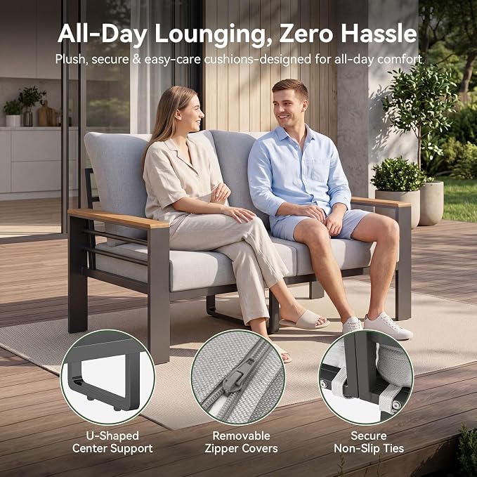 Aoxun Patio Furniture Set, Aluminum Patio Set with Fire Pit Table and 5" Thicken & Washable Cushion, Waterproof Outdoor Furniture, Outdoor Couch Sectional for Backyard (4 Seats/F, Grey)