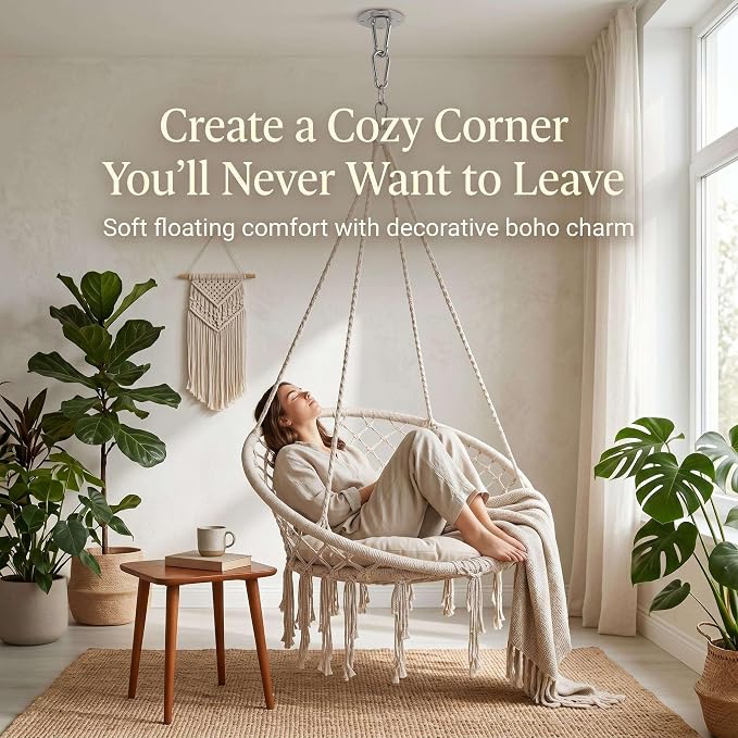 Hanging Hammock Chair, Outdoor Swing Chair, 330 LBS Portable Hanging Swing, Boho Hanging Swing for Bedroom Balcony Living Room Garden Porch Indoor Outdoor Daily Leisure