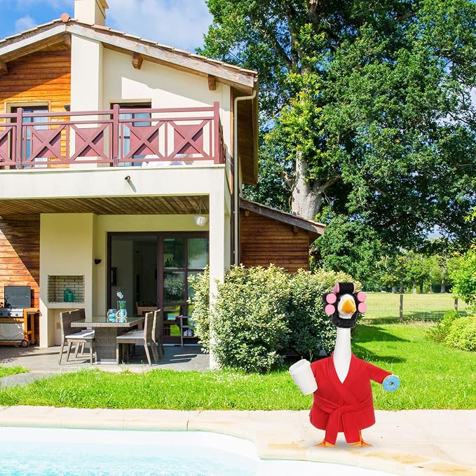 Shyyween Summer Porch Goose Outfits 23 Inch Lady Geese Statue Clothes Funny Porch Goose Red Robe and Curlers Coffee Cup Accessories
