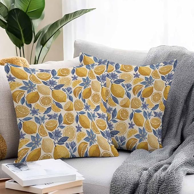 Summer Fruit Outdoor Waterproof Pillow Covers Pack of 2, Watercolor Yellow Lemon Blue Flowers Rustic Retro Throw Pillowcases Decorative Cushion Covers for Garden Patio Tent Sofa Couch, 16x16 inch