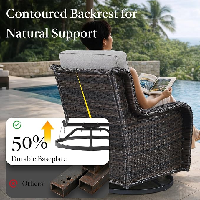 6 Piece Patio Furniture Set with Ottoman - All Weather Patio Conversation Set with 4 Inch Thick Cushions and Deep Seating Swivel Glider Chairs & Outdoor Couch for Porch Deck Yard Pool