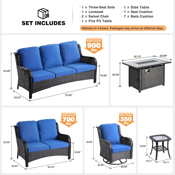 ovios 6 Pieces Patio Furniture Set with 42 inch Fire Pit Table, Outdoor Wicker Sofa Couch Loveseat, Swivel Rocking Glider Chairs, Modern Conversation Set, Brown Rattan, Navy Blue