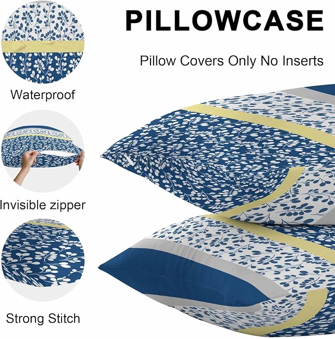 Blue Yellow Outdoor Pillow Covers 20x20 Inch Throw Pillow Covers Set of 2 Waterproof Decorative Pillow Cases Botanical Floral Motifs Wildflower Striped Cushion Covers for Patio Furniture Garden Couch