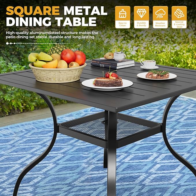 5-Piece Patio Dining Set with Umbrella,4 Person Outdoor Table and Chairs Set, 4 Metal Dining Chairs and Square Outdoor Table with 1.57" Umbrella Hole,Blue
